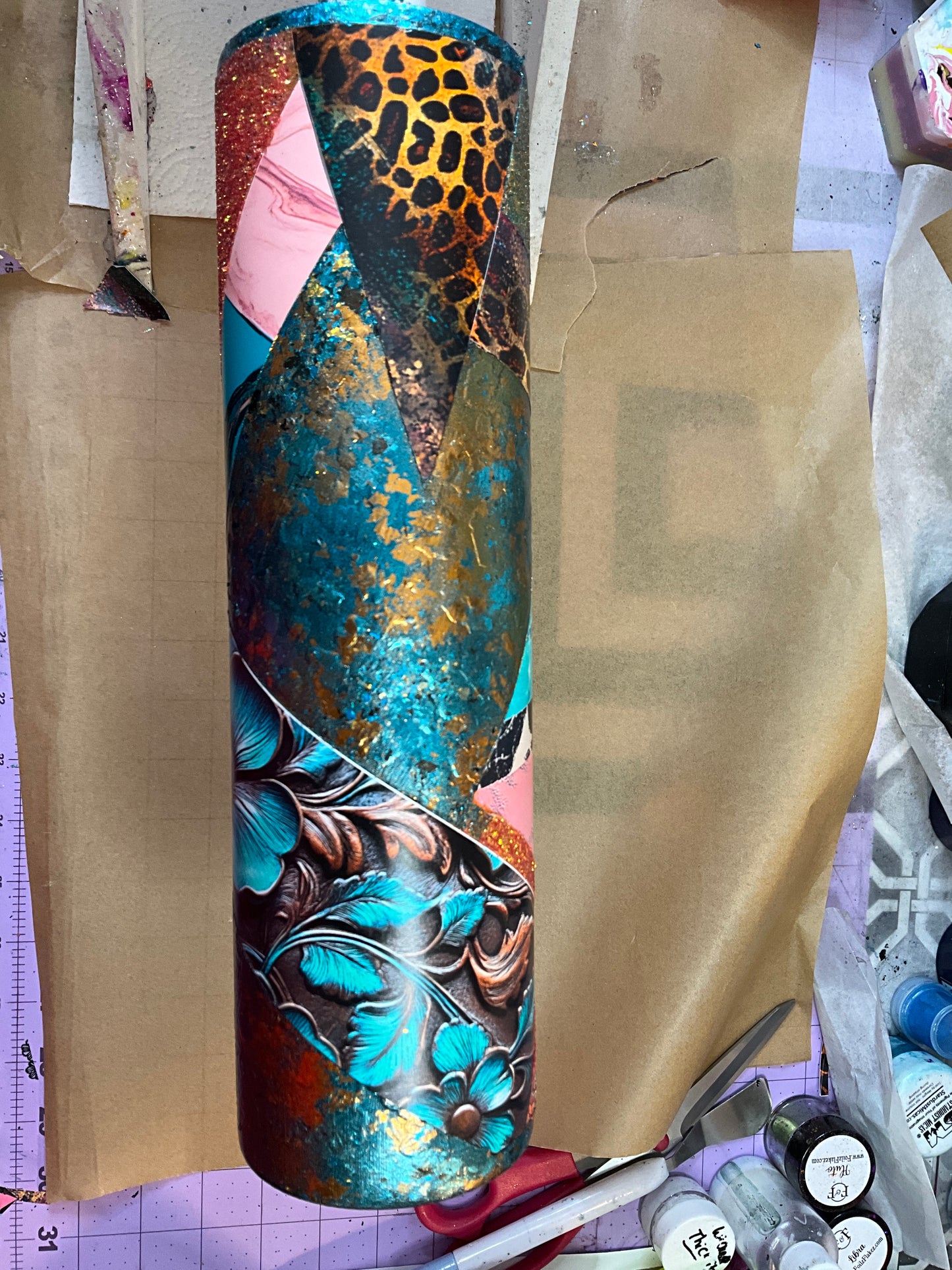 Dutchess Collage - Turquoise and Orange Mixed Media Tumbler 32 oz plump
