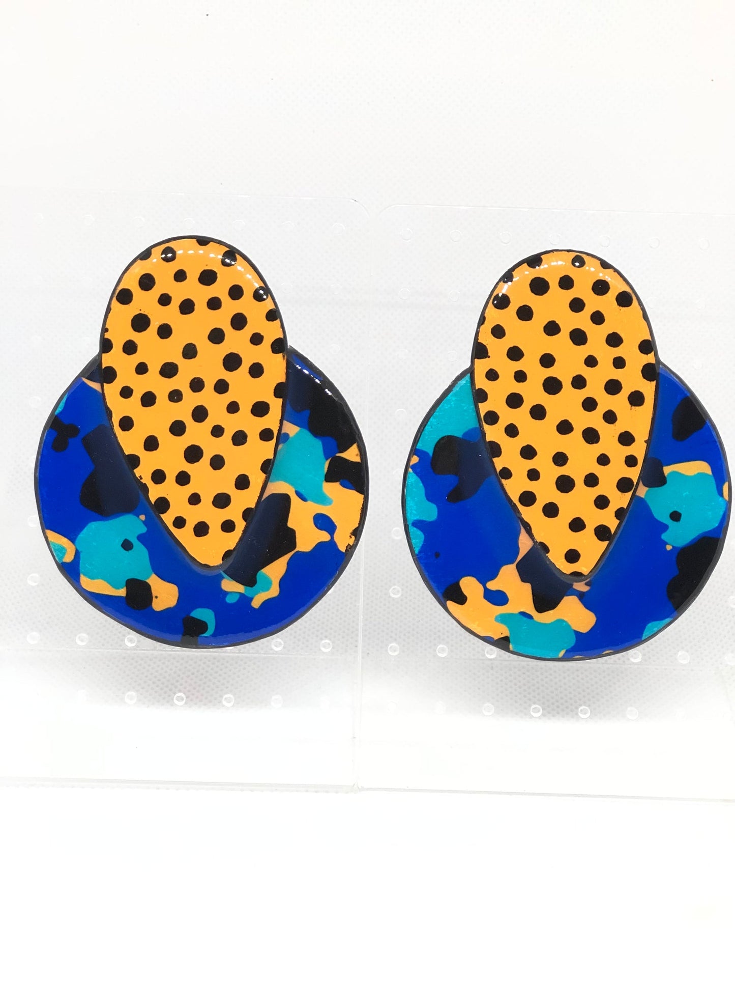 80’s Retro Large Circle Stud Earrings - Turquoise Black & White - lightweight