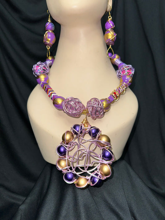 Dutchess Chunky Necklace and Earrings set - Purple, Gold