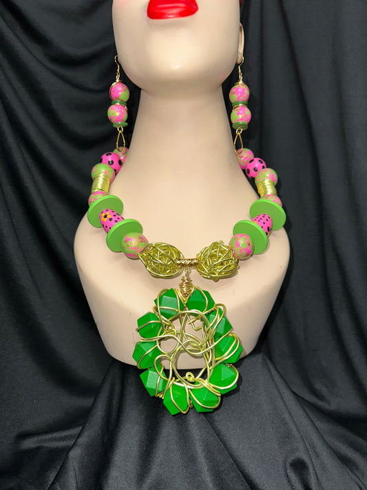Dutchess Chunky Necklace and Earrings set - Pink, Green, Gold