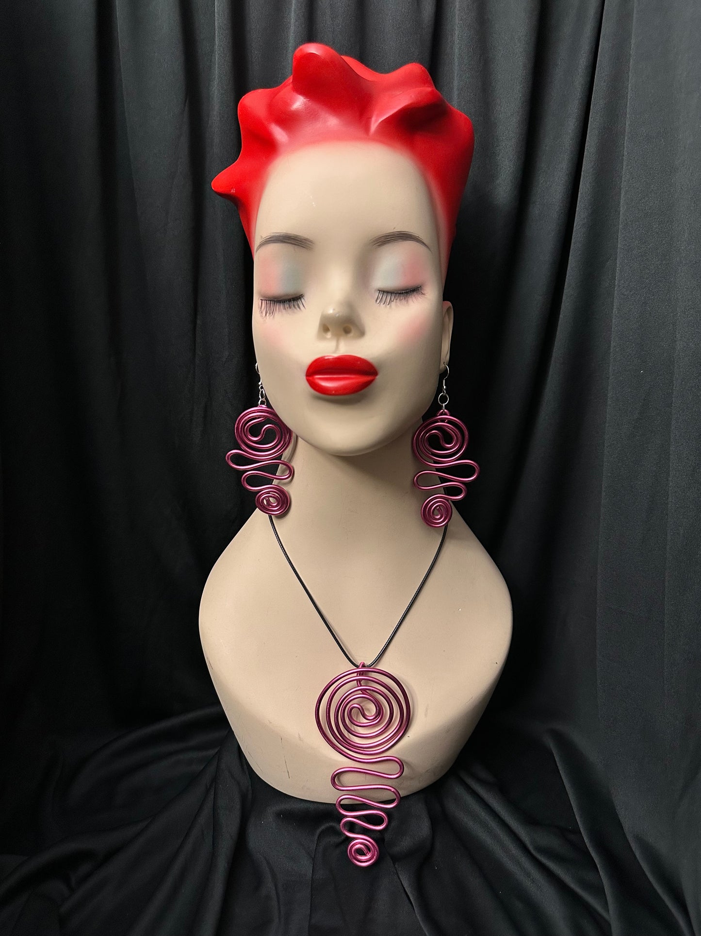Waterwave Necklace and Earrings Set #8 (Dark Pink)