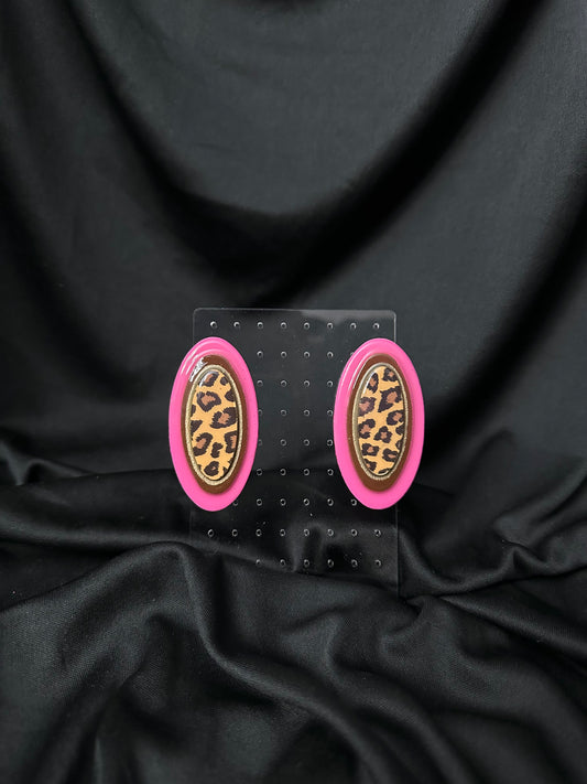 Dutchess 3D medium Stud earrings -1 Leopard, Brown,Pink, Gold