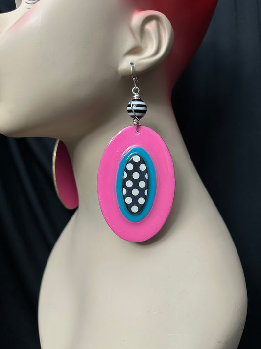 Dutchess 3D Large Dangle earrings - Pink, Teal, Polka Dots