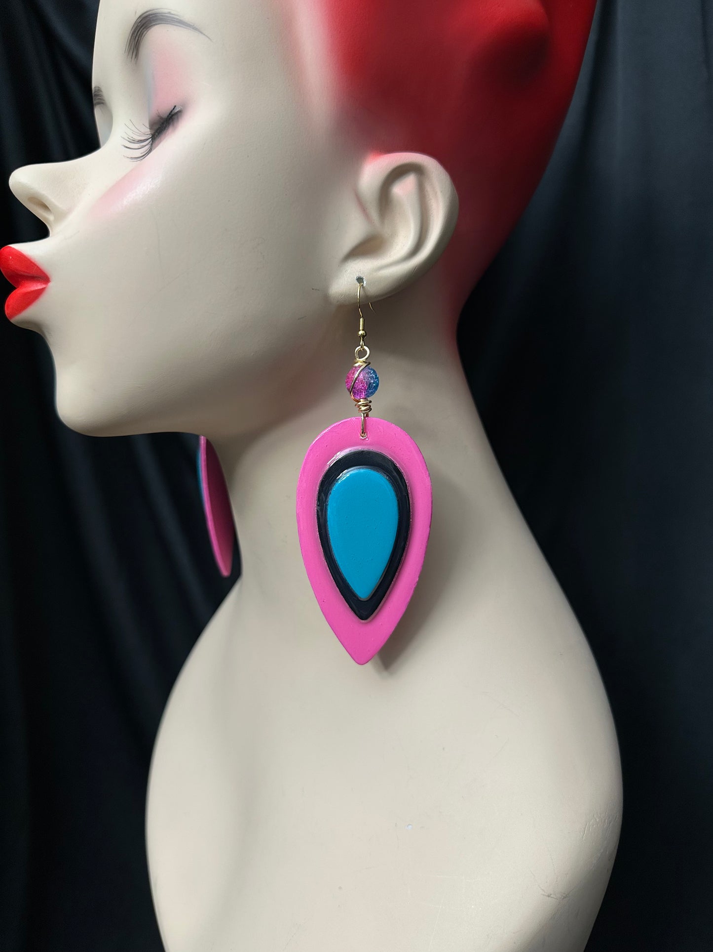 Dutchess 3D Large Diamond Shaped Dangle earrings - Pink, Black, Teal