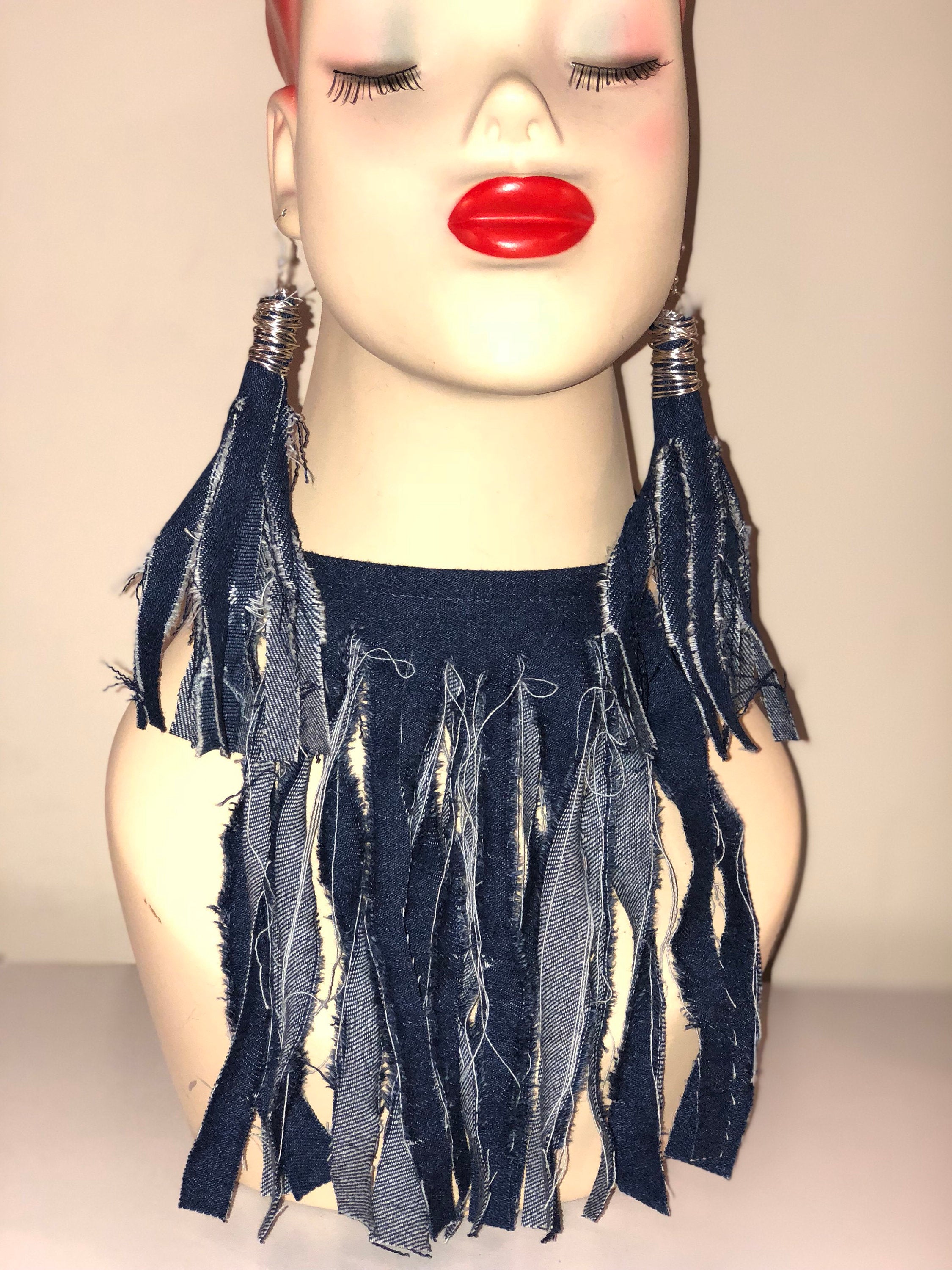 Dark Denim Dangling Necklace and Earrings Set