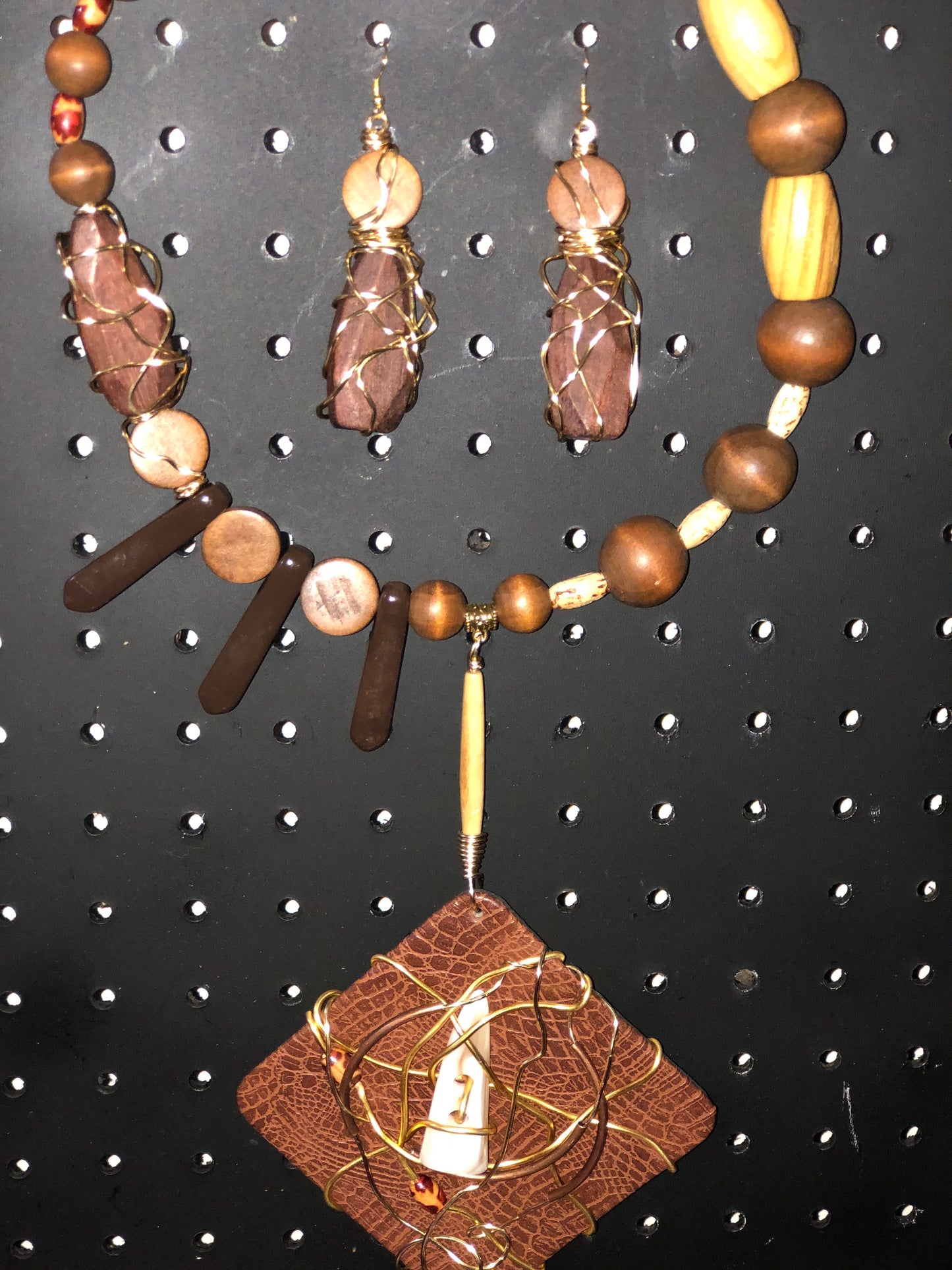 DTBD Brown Beaded with Gold Wire Unique Leather Designed Charm Necklace & Earrings Set