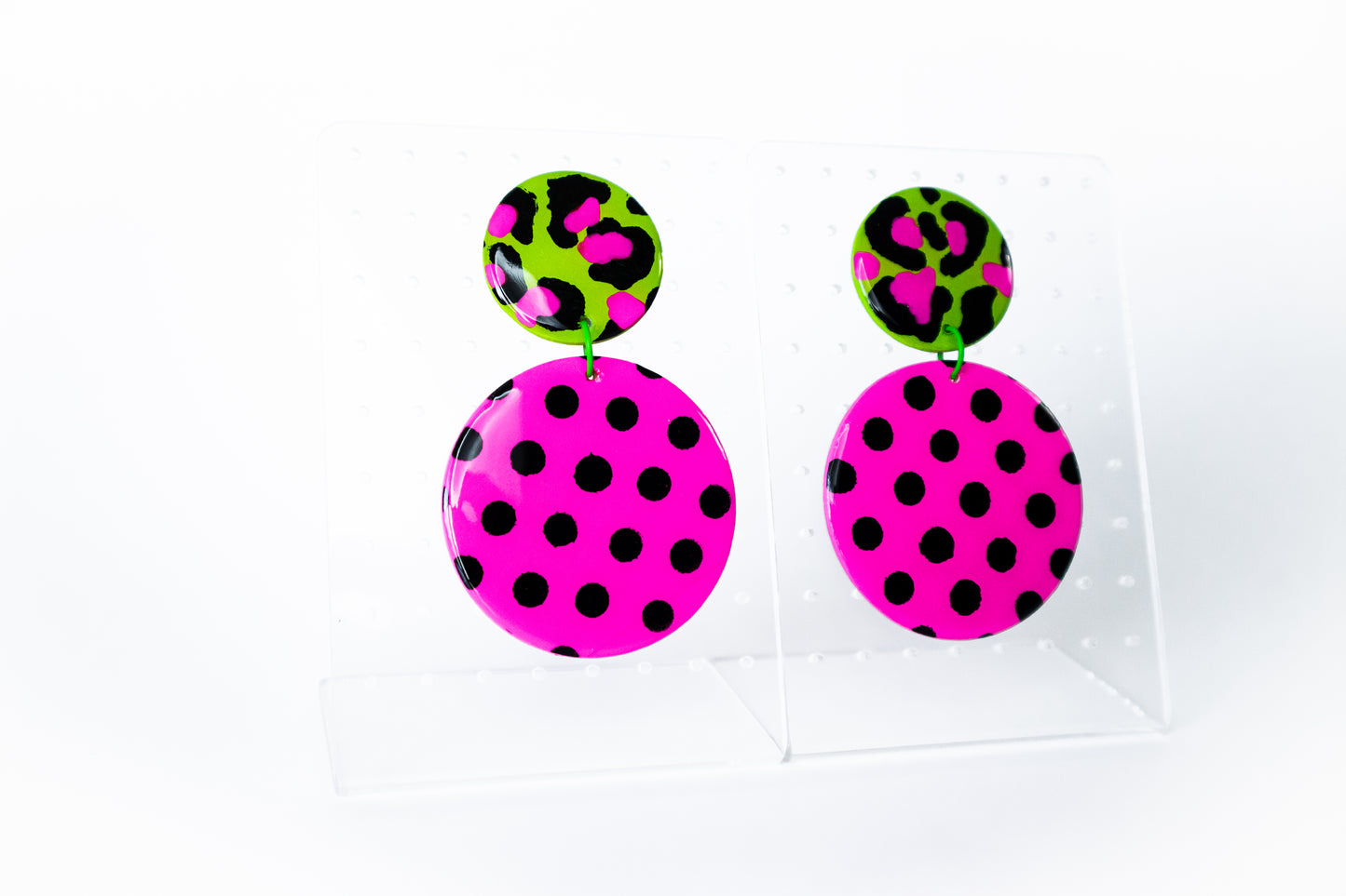 Medium Circle Stud Earrings - Pink, Green & Black - lightweight