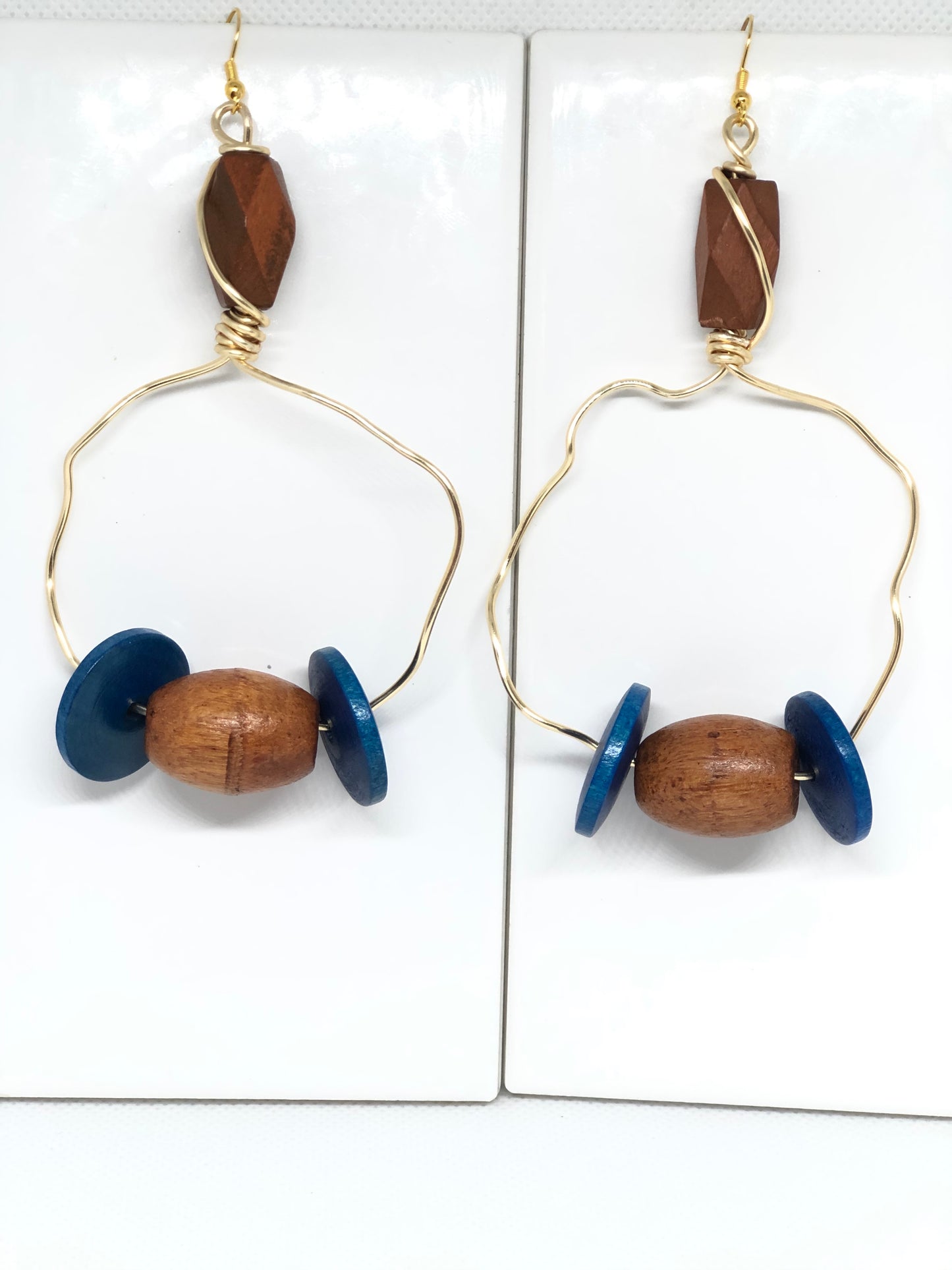 DTBD Brown & Blue Beads with Gold Wire Dangling Earrings-lightweight