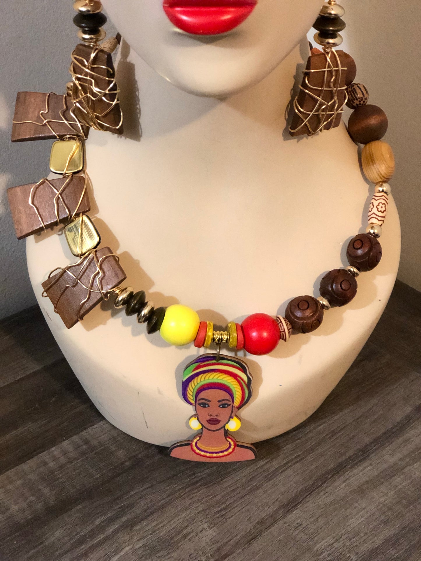 DTBD Brown, Red, Yellow Beaded with Gold Wire Unique Black Lady Charm Necklace  & Earrings Set