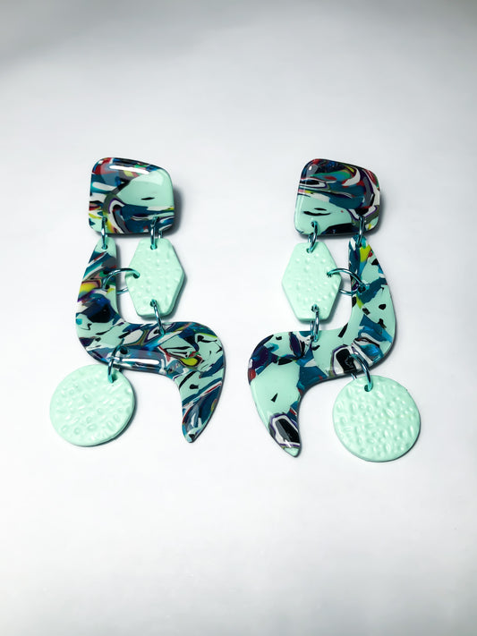 Abstract Showstopper Style #2 Mint Green and Turquoise Retro Stud Earrings-lightweight