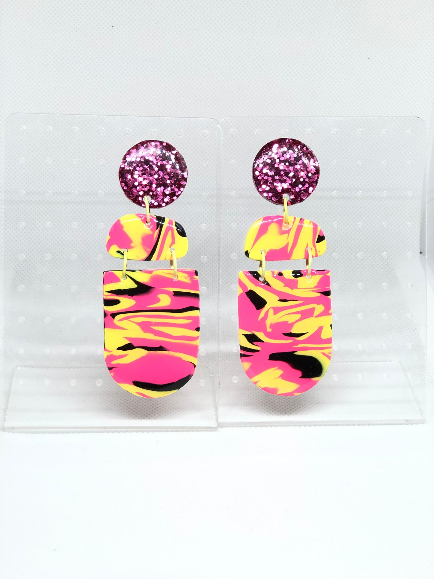 All About The Pink - Pink, Yellow & Black Stud Earrings - lightweight
