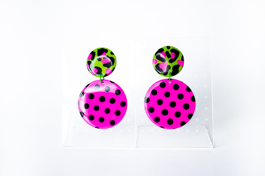 Medium Circle Stud Earrings - Pink, Green & Black - lightweight