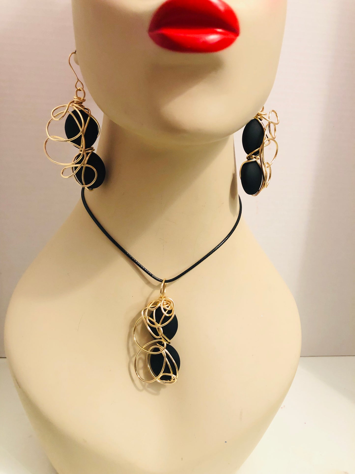 Black Matte and Gold Earrings and Necklace set.