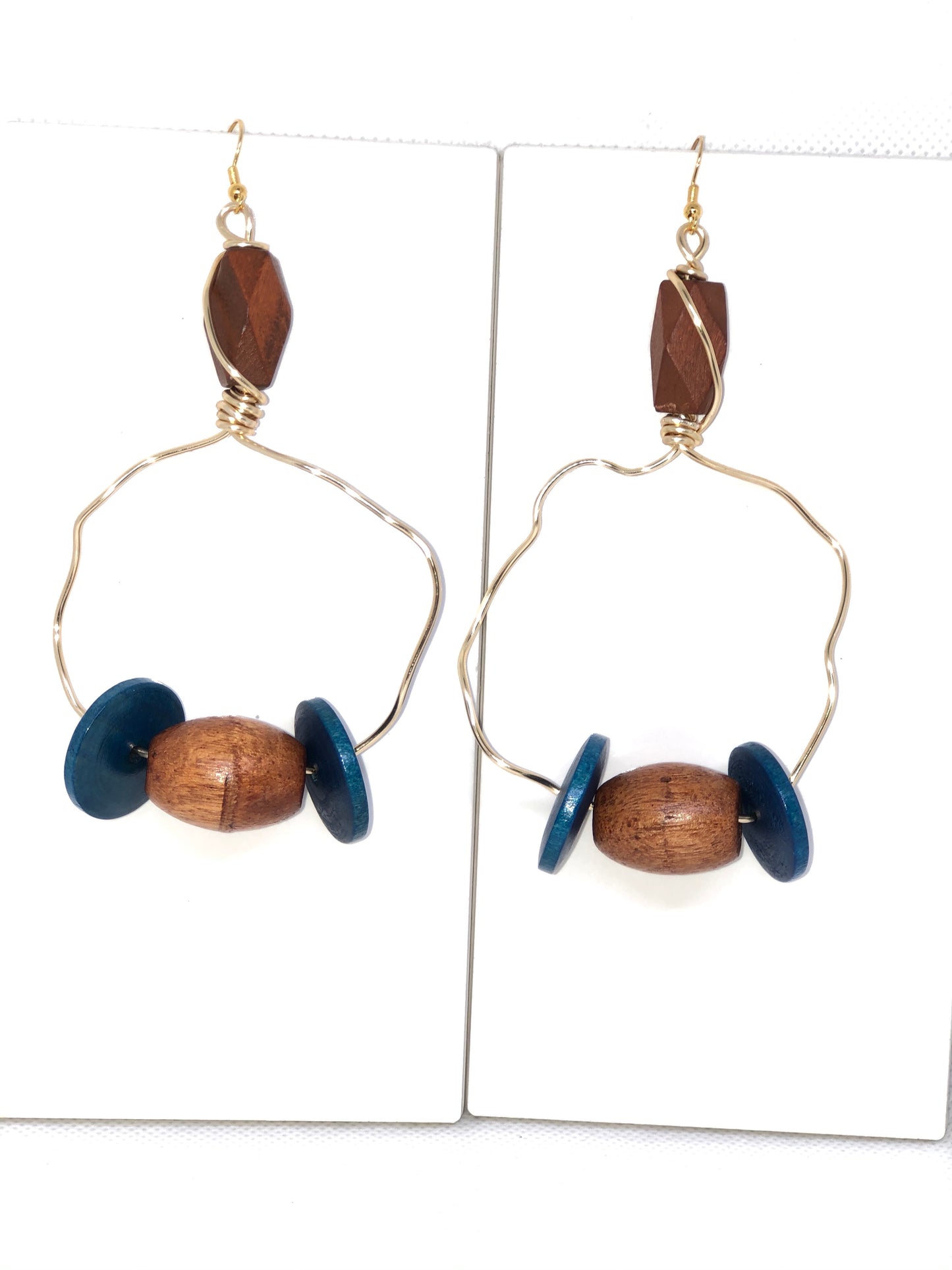 DTBD Brown & Blue Beads with Gold Wire Dangling Earrings-lightweight