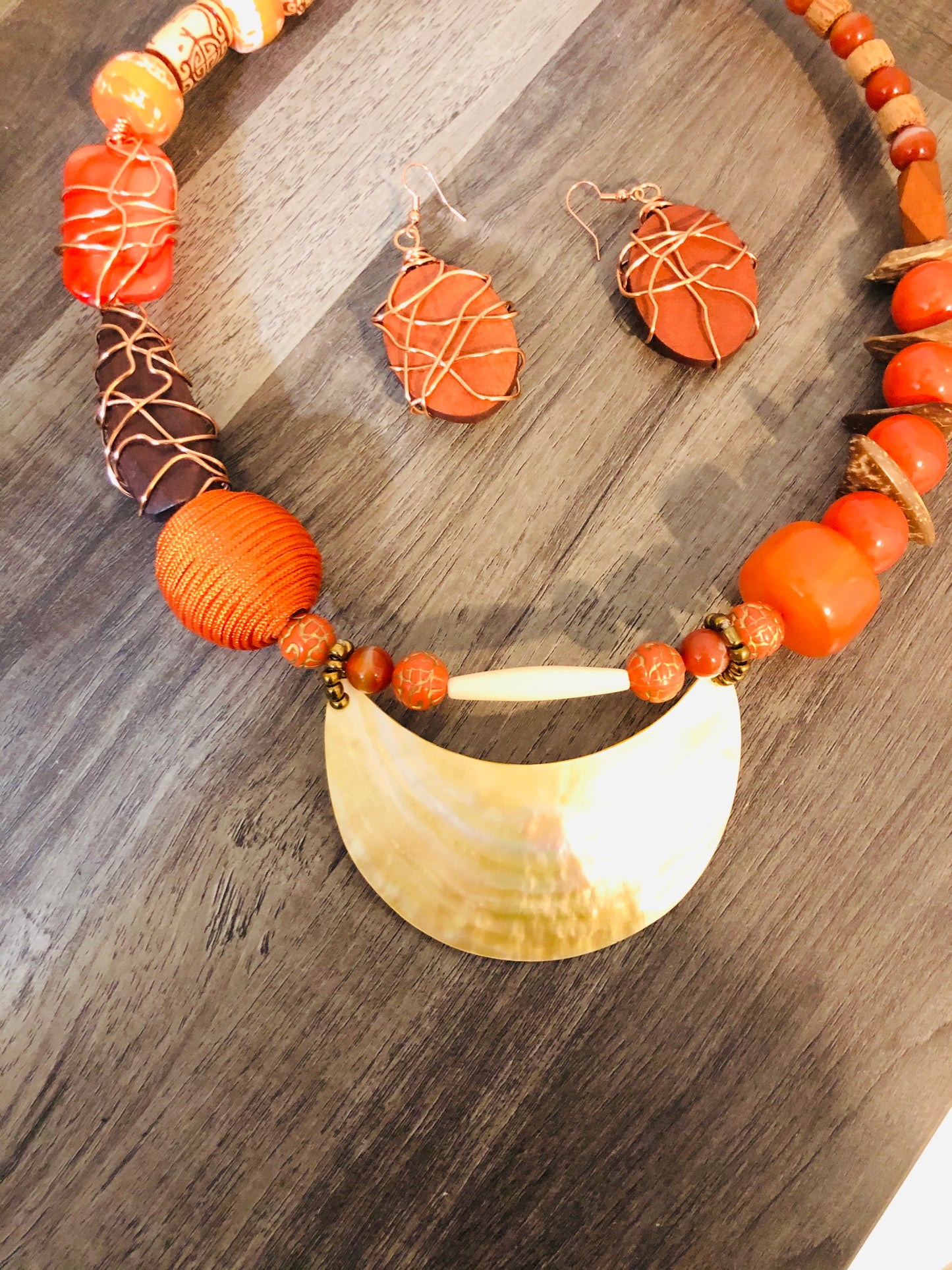 DTBD Orange & Brown Beaded with Copper Wire Unique Shell Charm Necklace & Earrings Set