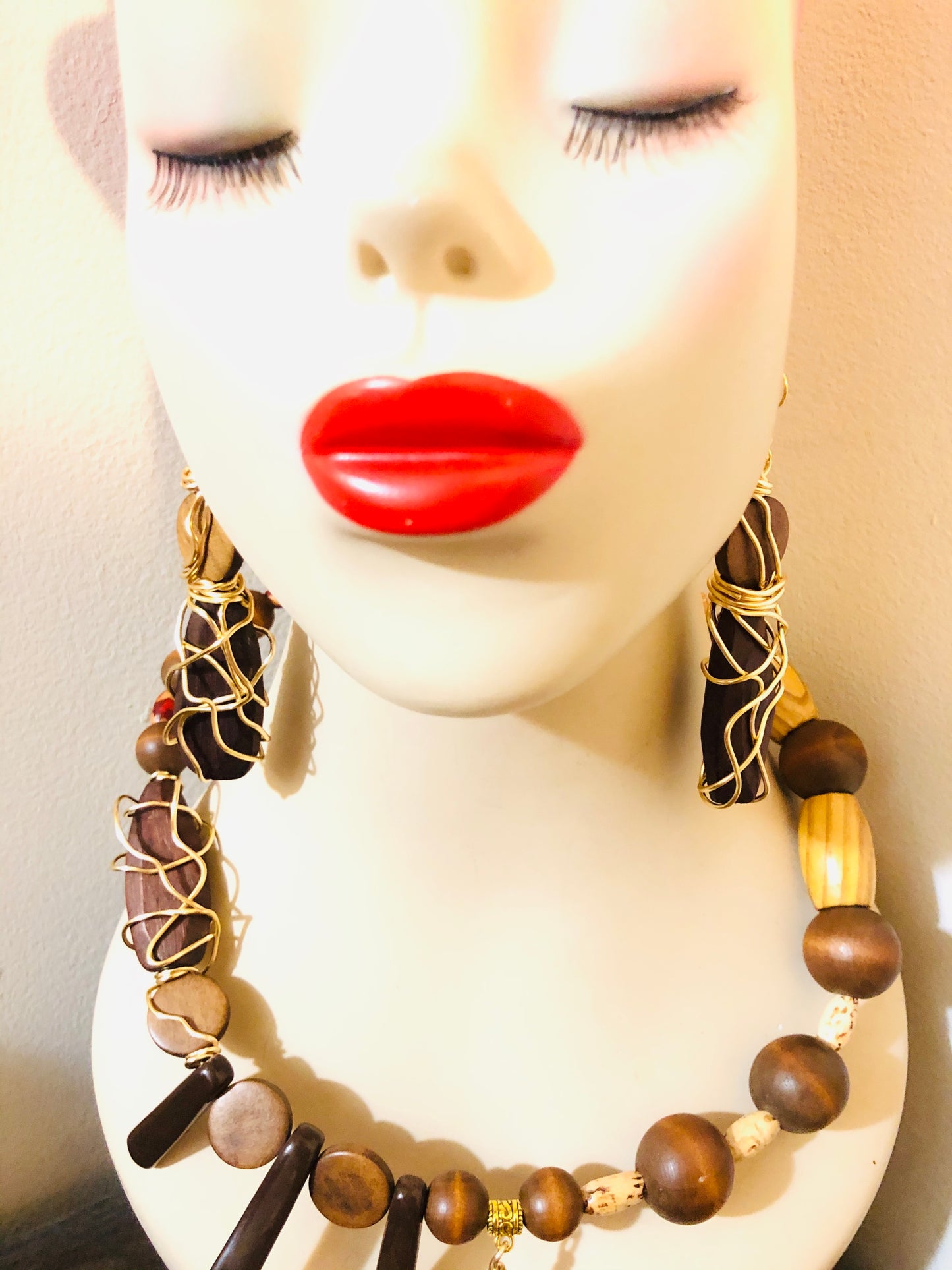 DTBD Brown Beaded with Gold Wire Unique Leather Designed Charm Necklace & Earrings Set